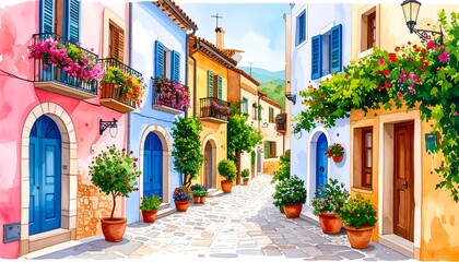 Fototapeta premium Colorful Mediterranean Alleyway with Vibrant Houses.