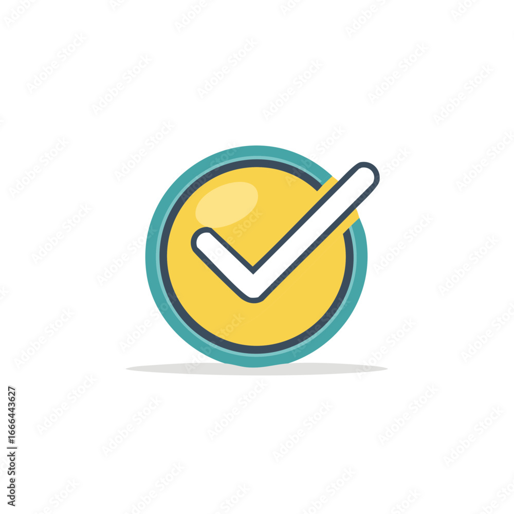 Poster checkmark symbol in yellow and blue circle confirm complete approved validation vector