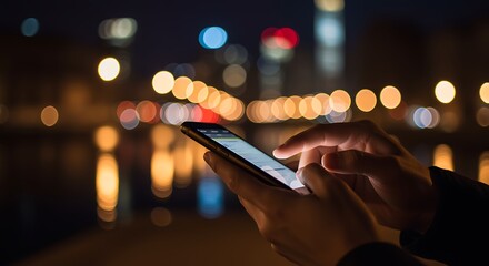 Person using smartphone at night with bokeh city lights background mobile phone technology
