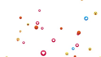 Social Media Live Style Emoji With White Background Chroma Key 4k Loop Video. Live Streaming Style Particales Icon. Emojis Of Heart Likes Heart Eyes Flying Moveing Animation Up Direction Alpha Chenel. - Powered by Adobe