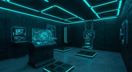 Futuristic control room with glowing blue neon lights and interactive digital displays, creating a high-tech, sci-fi atmosphere.