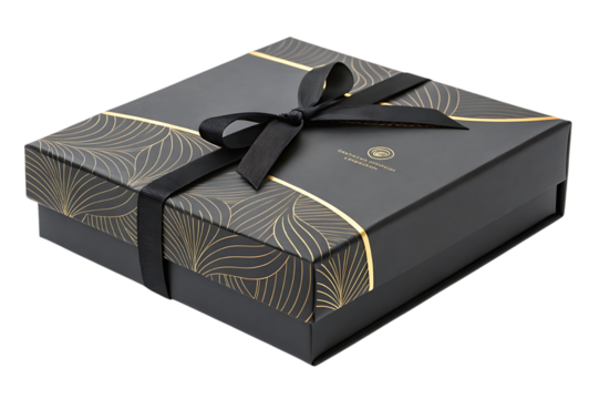 Elegant black gift box with golden art deco design