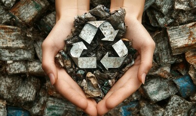 Create an image of a hand holding the recycle symbol with plenty of copy space, symbolizing environmental consciousness, Generative AI