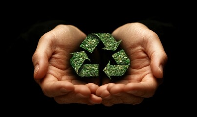 Create an image of a hand holding the recycle symbol with plenty of copy space, symbolizing environmental consciousness, Generative AI