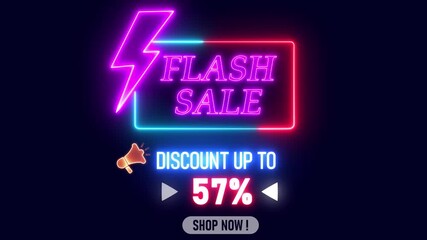 Animated neon flash sale banner with glowing lightning and megaphone icon. Bright shopping promo design showing “Discount Up to 57%” and “Shop Now” button. - Powered by Adobe