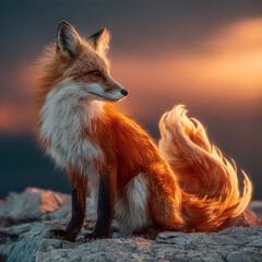 Obraz premium Red fox sitting on rock at sunset