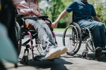 A touching moment as a couple holds hands, seated in wheelchairs together on a sunny path,...
