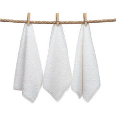 Drying white towels on clothesline still life natural light isolated on transparent background