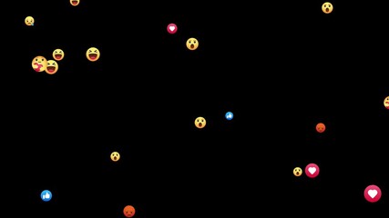 Social Media Live Style Emoji With Black Background Chroma Key 4k Loop Video. Live Streaming Style Particales Icon. Emojis Of Heart Likes Heart Eyes Flying Moveing Animation Up Direction Alpha Chenel.