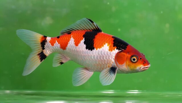 high resolution 4k chroma key animation of a colorful koi fish with vibrant orange white black scales swimming gracefully against green screen perfect for compositing aquatic projects elegant