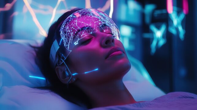 Woman in Futuristic Sleep Lab with Brain Interface Headset, Neural Network Visualization, Advanced Technology, and Medical Monitoring