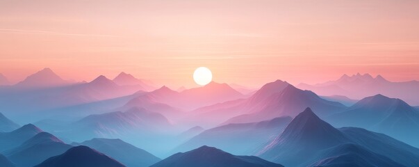 Create a dreamy image of stylized mountains with a soft pink sky, evoking a serene and peaceful atmosphere, Generative AI