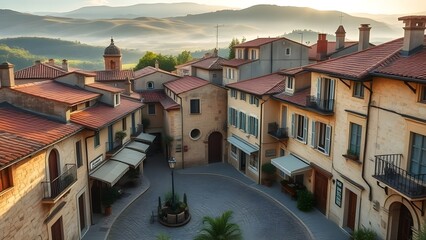 Old European town with cobblestone streets and rooftops.