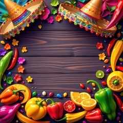 Obraz premium Colorful Mexican Sombreros and Fresh Ingredients Decorate Wooden Table
