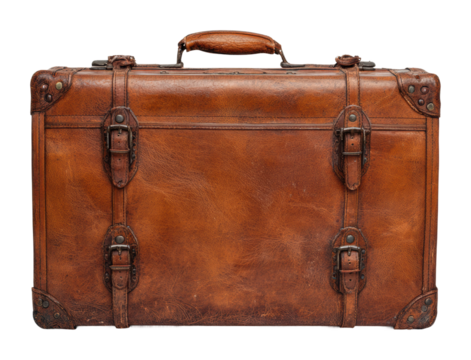 Vintage leather suitcase travel memories isolated on transparent background