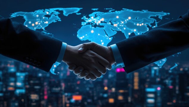 Business agreement with global reach depicted, suitable for representing international partnerships or trade agreements in presentations or websites. - Powered by Adobe