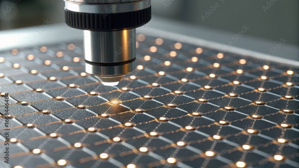 Poster close-up of structured quantum device under microscope lens