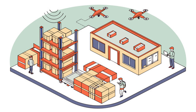 A panoramic shot of a busy logistics and distribution center with a swarm of autonomous drones hovering above the warehouse floor all