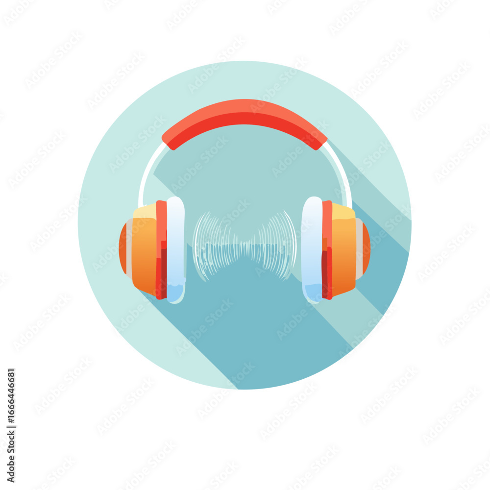 Poster Isolated orange and red headphones with visual representation of audio waves on an abstract cyan background