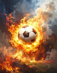Fototapeta premium A soccer ball engulfed in vibrant flames, suspended in mid-air against a dramatic backdrop of smoke and fire.