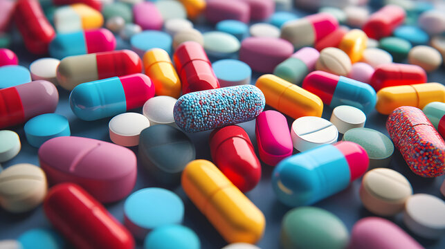 Colorful assortment of prescription pills and capsules. Medical background with different drugs.
