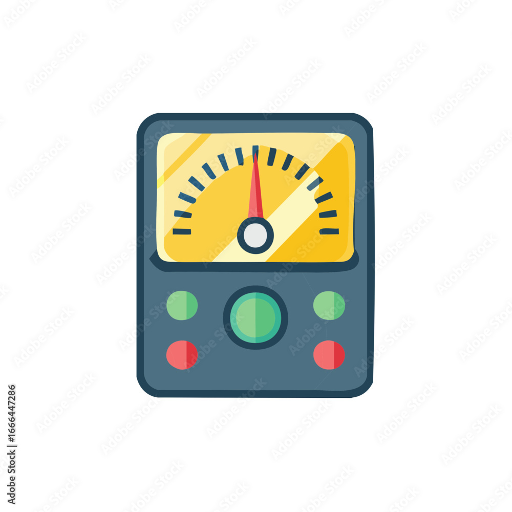 Poster cartoon analog meter displaying measurement levels with needle and buttons