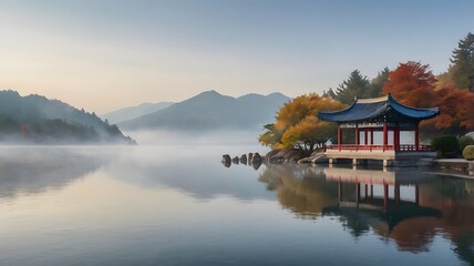 Obraz premium Misty Lake with Traditional Asian Pavilion and Autumn Trees – Serene Reflection Panorama