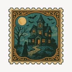 Obraz premium Vintage haunted house stamp illustration.