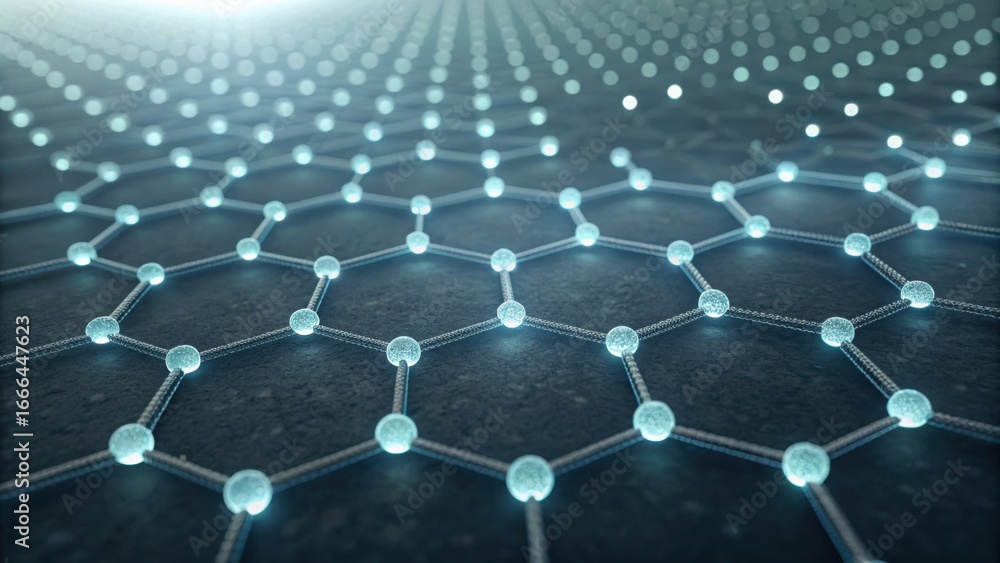 Poster quantum dots forming structured hexagonal patterns in a modern background