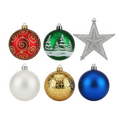 Collection of six christmas ornaments and a star decoration, including red, green, white, gold, and blue baubles, isolated on transparent background