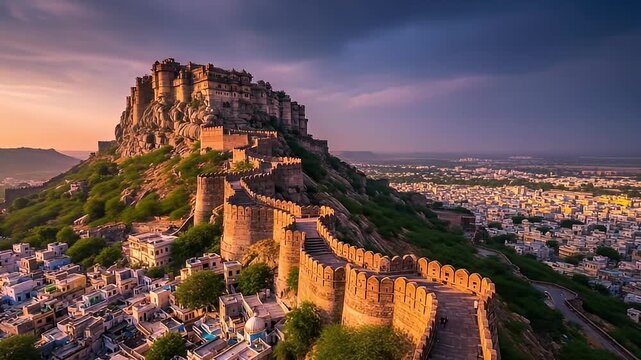 Scenic Chittorgarh Fort on Hilltop with Orange Walls and Backdrop of a Distant City Landscape During Sunset