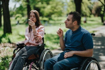 Two friends engage in an outdoor park setting, enjoying nature and expressing connection and...