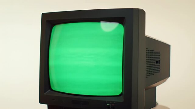 Classic Desktop CRT Monitor with Vibrant Green Screen Static and Analog Interference on a Light Background