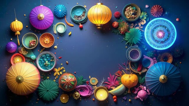 Colorful chinese new year composition featuring traditional chinese ornaments.