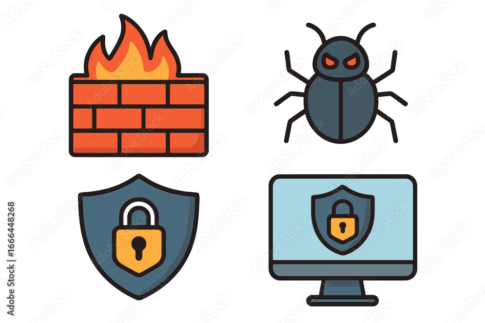 Poster cybersecurity icon set. vector cartoon concepts for internet safety, data protection and antivirus s