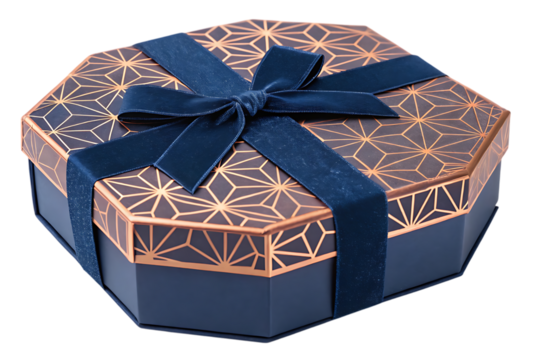 Elegant octagon gift box with blue velvet ribbon bow
