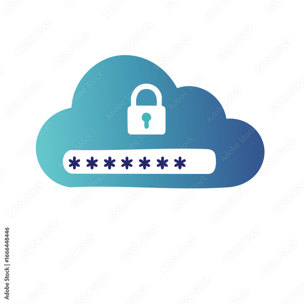 Poster cloud security shield: encrypted password icon with padlock for data protection and access control