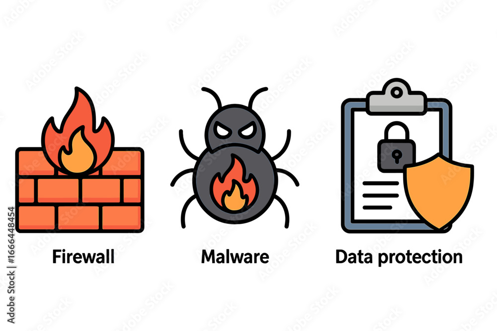 Poster cybersecurity icon set with firewall, malware bug, and data protection shield. vector concepts for i