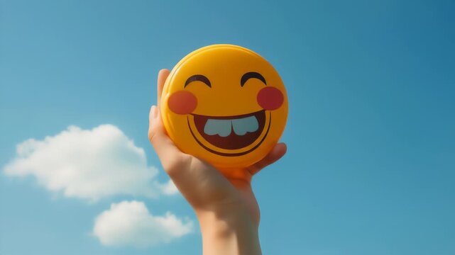 Hand Holding Yellow Smiley Face Toy Against Blue Sky with Clouds Expressing Joy and Positivity Under Natural Lighting