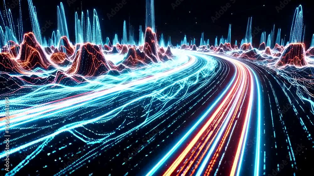 Aufkleber abstract data highway through mountainous digital terrain: visualizing information flow