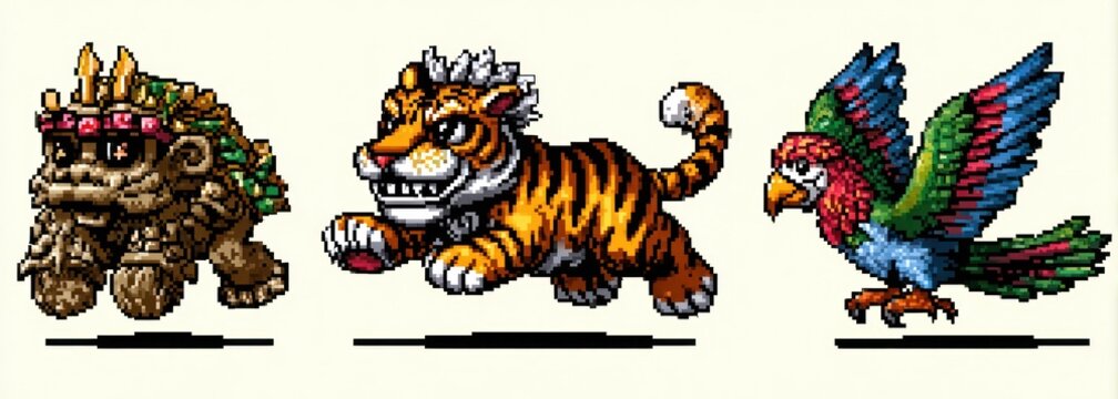 Pixelated creatures running and flying