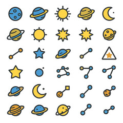Vibrant space icons for web design, app interfaces, and educational content, creative illustrations
