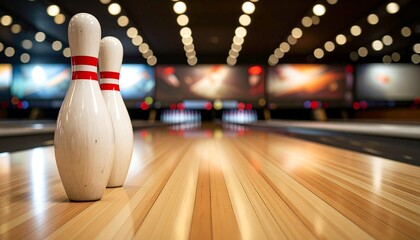 City night sport bowling light streaks from moving cars near a street with a bowling ball and pins
