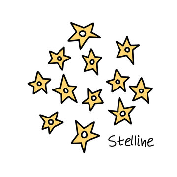 Star-shaped pasta for soups and main courses, stelline doodle illustration