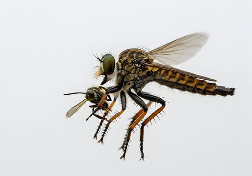 Dramatic close-up of a robber fly capturing its prey, showcasing nature's predator-prey relationship with meticulous detail against a pristine background.