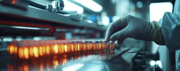 Capture a close-up image of a hand in sanitary gloves checking medical vials on a production line at a pharmaceutical factory, Generative AI