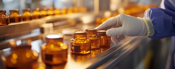 Capture a close-up image of a hand in sanitary gloves checking medical vials on a production line at a pharmaceutical factory, Generative AI