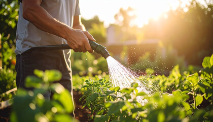 Person Watering Garden with Hose in Golden Light, Home Gardener Sprinkling Water on Lush Green Plants in the Sunlight