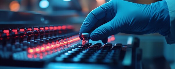 Capture a close-up image of a hand in sanitary gloves checking medical vials on a production line at a pharmaceutical factory, Generative AI