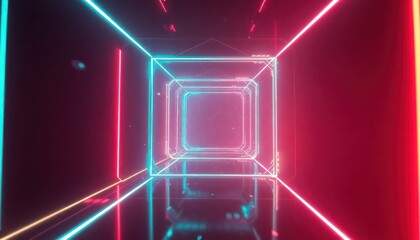 Abstract neon light tunnel creates a futuristic, glowing digital pathway. Ideal for technology, gaming, or sci-fi concepts, representing data flow or virtual space.